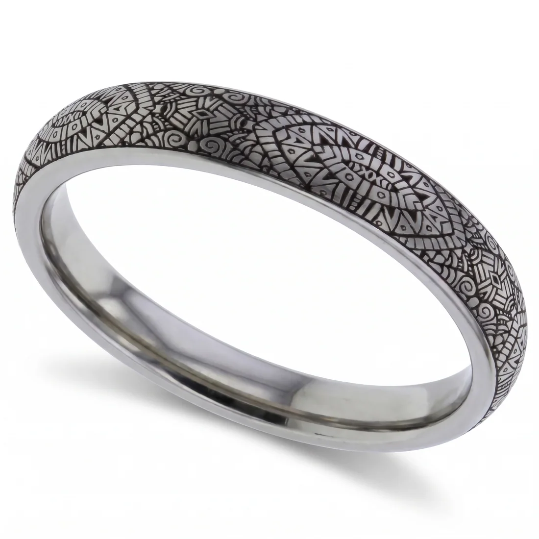 Aztec, titanium, A dense Aztec pattern cut around the whole band.