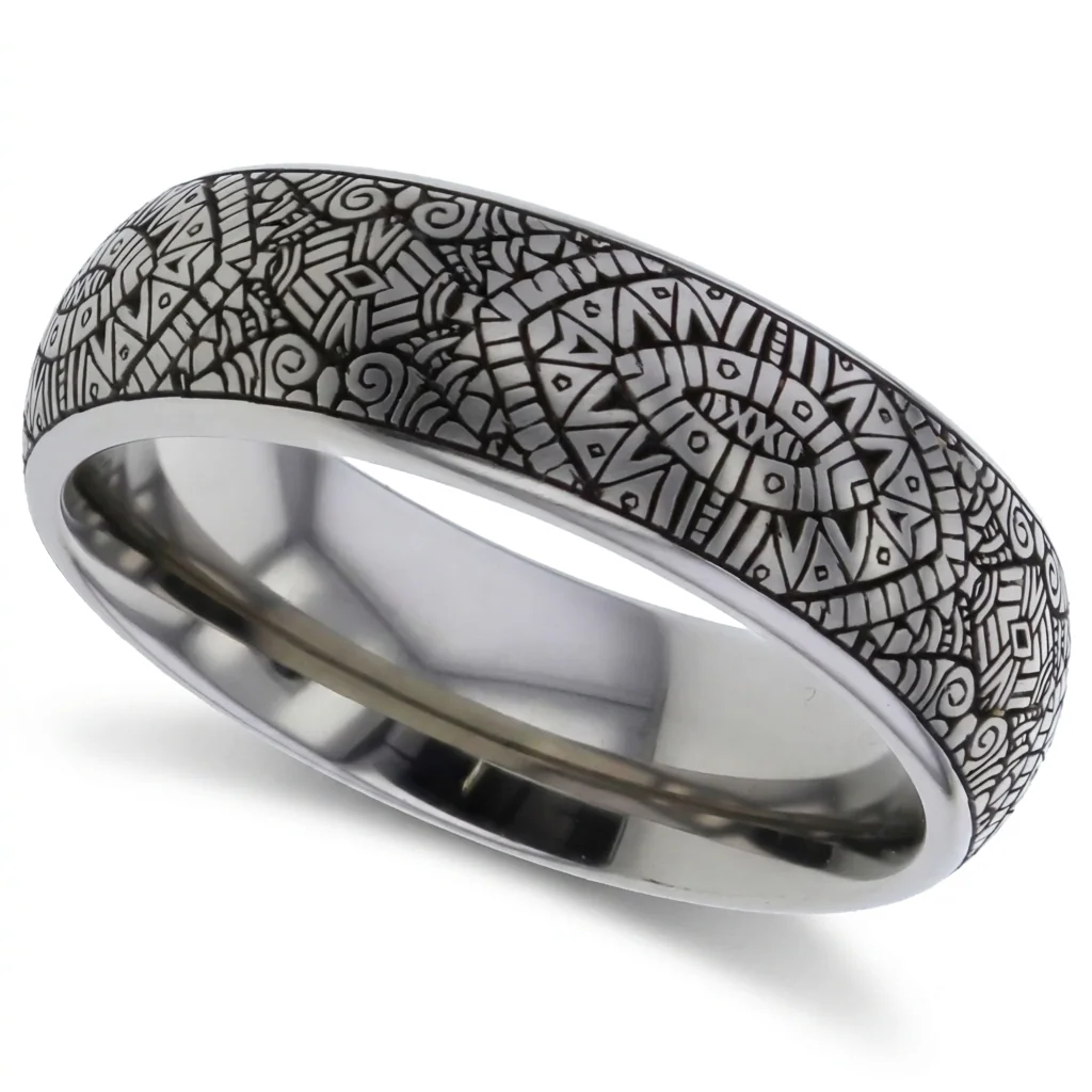 Aztec, titanium, A dense Aztec pattern cut around the whole band.