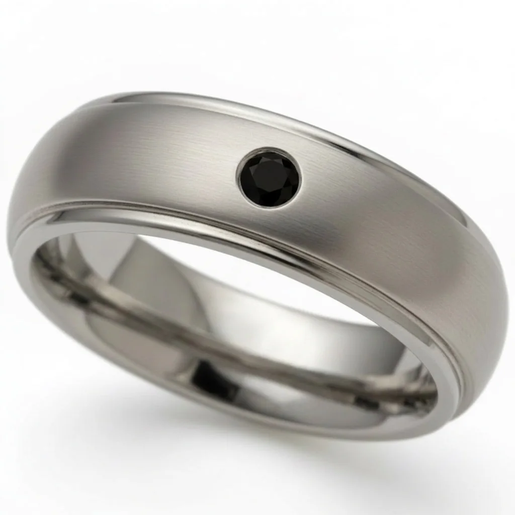 Black diamond, titanium, One treated black diamond set into a domed titanium band.