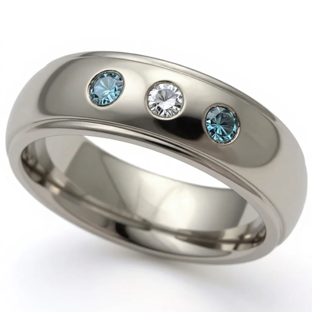 Blue and white diamonds, titanium, A white diamond between two treated blue diamonds, on a titanium dome.