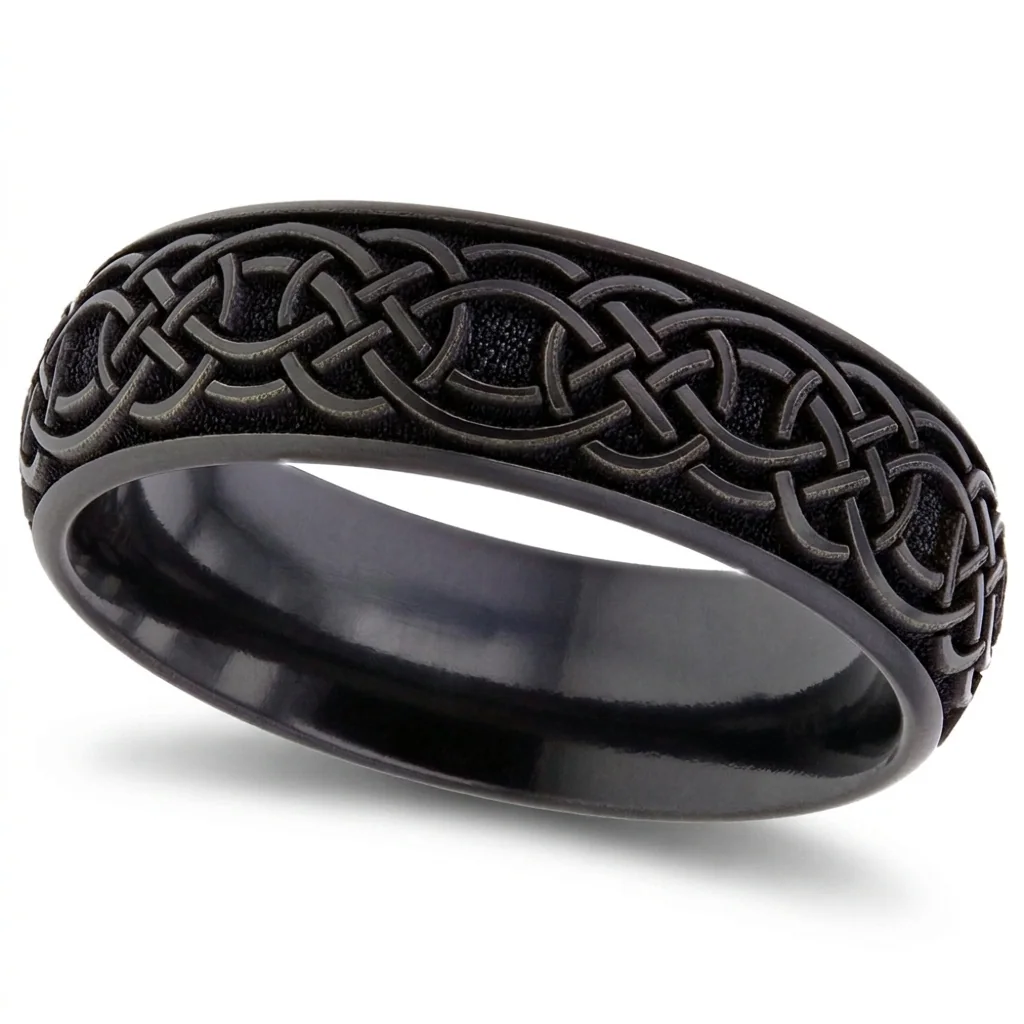 Celtic, black, A continuous Celtic knot, cut into black zirconium.