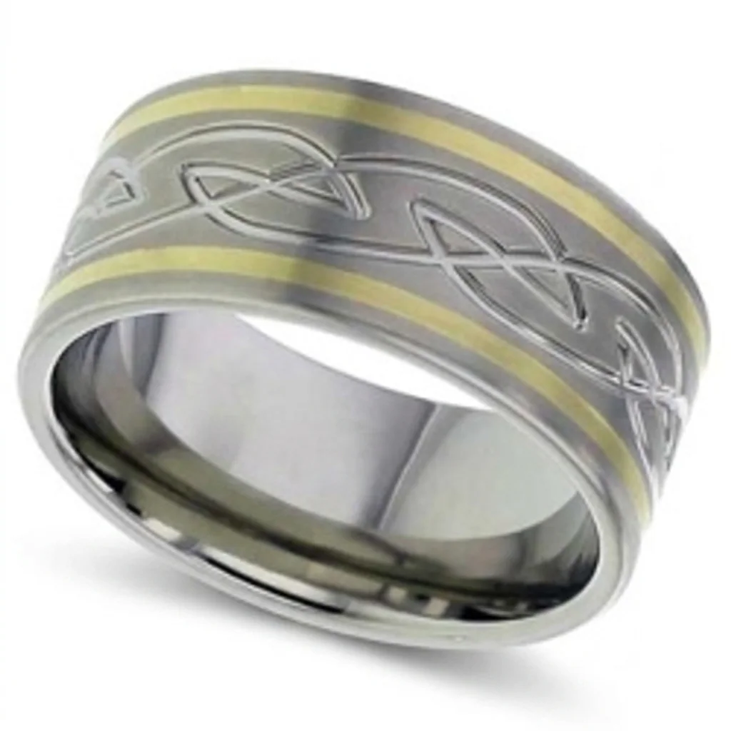 Celtic, gold lines, Celtic knotwork between two solid gold lines, on a broad band.