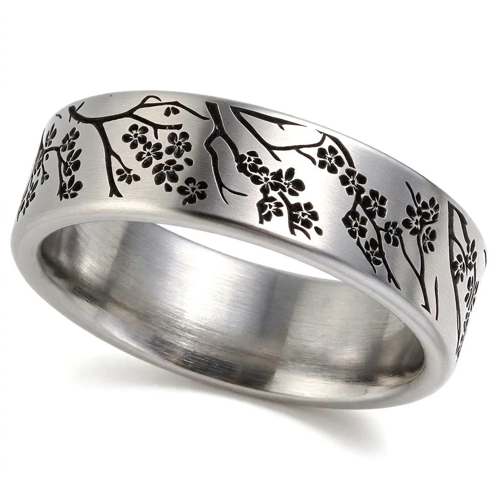 Cherry blossom, titanium, Branches of cherry blossom engraved around a brushed titanium band.