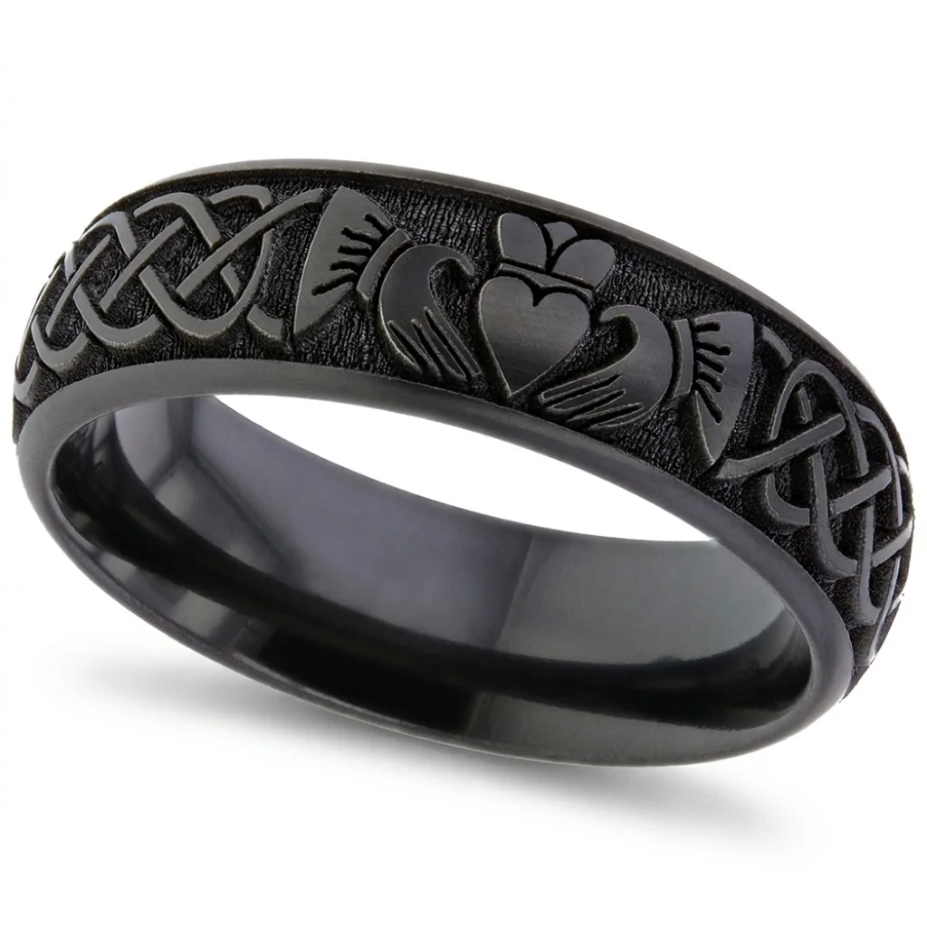 Claddagh, black, The claddagh, hands, heart and crown, cut into black.