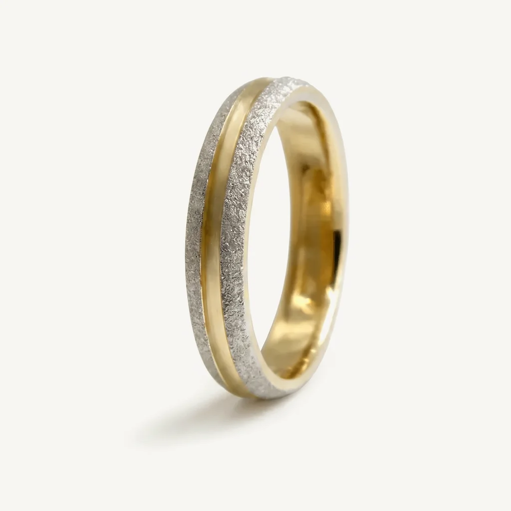 Contrast texture, hers, White against yellow: polished on his, a frosted sparkle on hers. 4mm, sold alone or as a set.