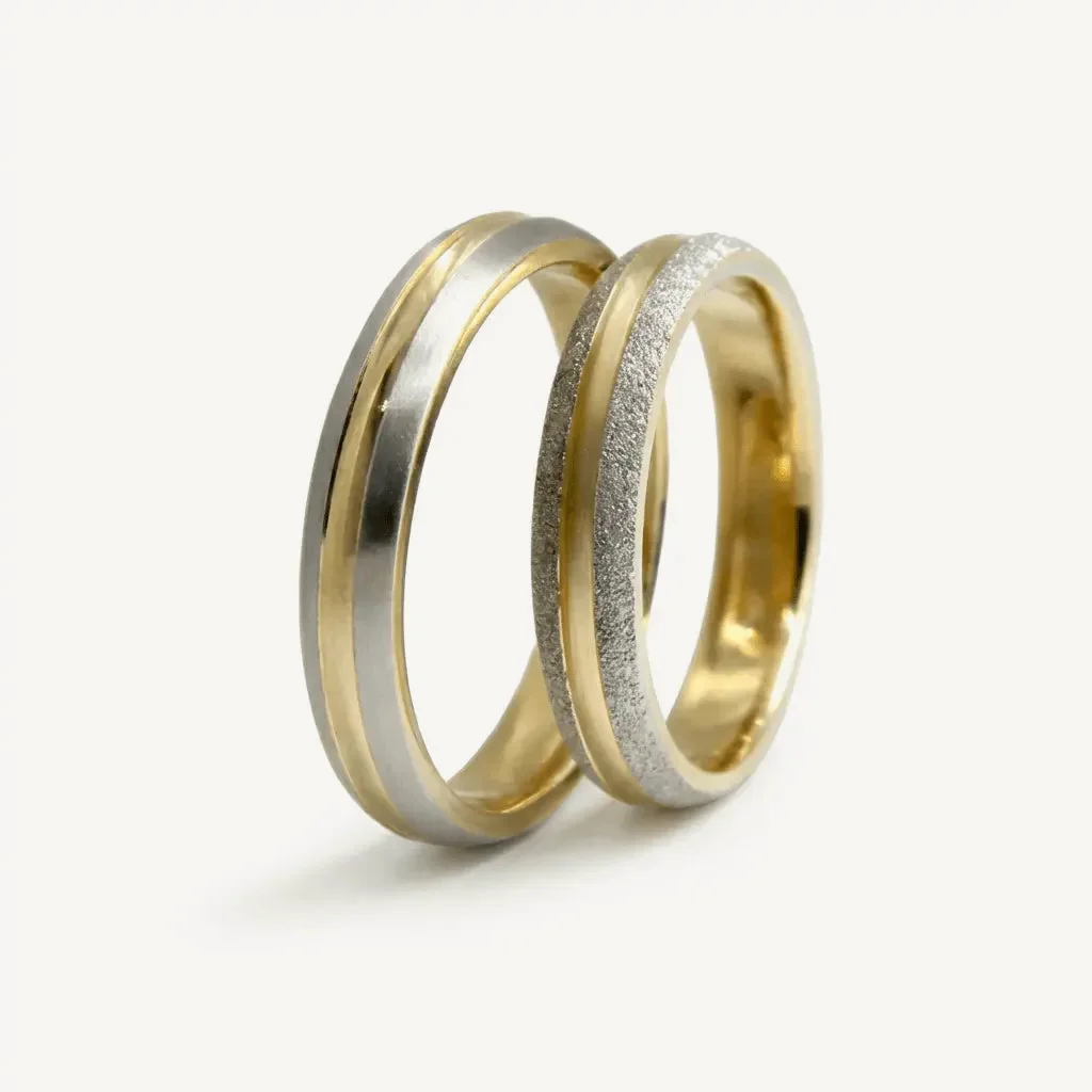 Contrast texture wedding rings, his and hers together