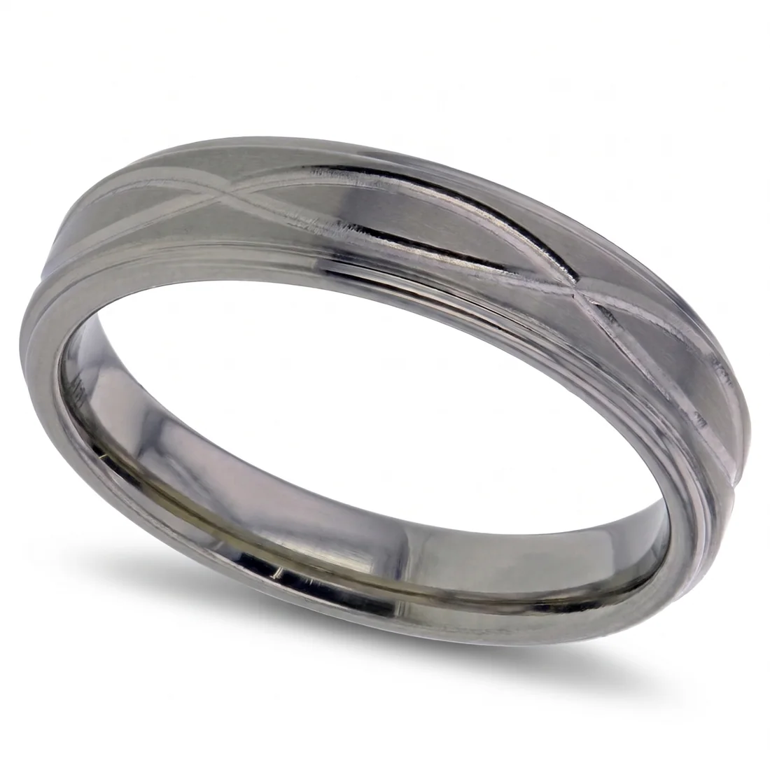 Crossing lines, titanium, Curved lines cross and recross around the band.
