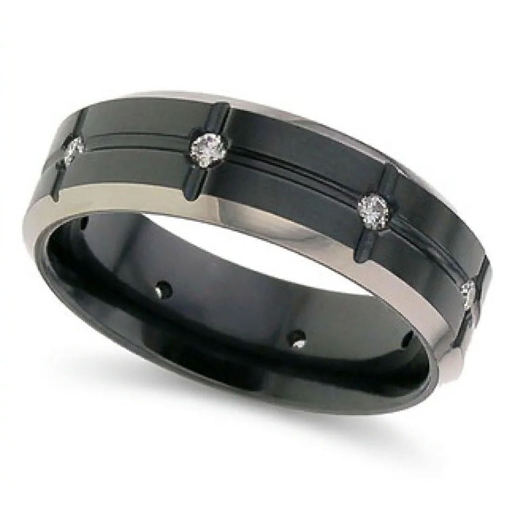 Eight diamonds, black, bright edges, Eight diamonds set into segmented black zirconium, between bright natural edges.