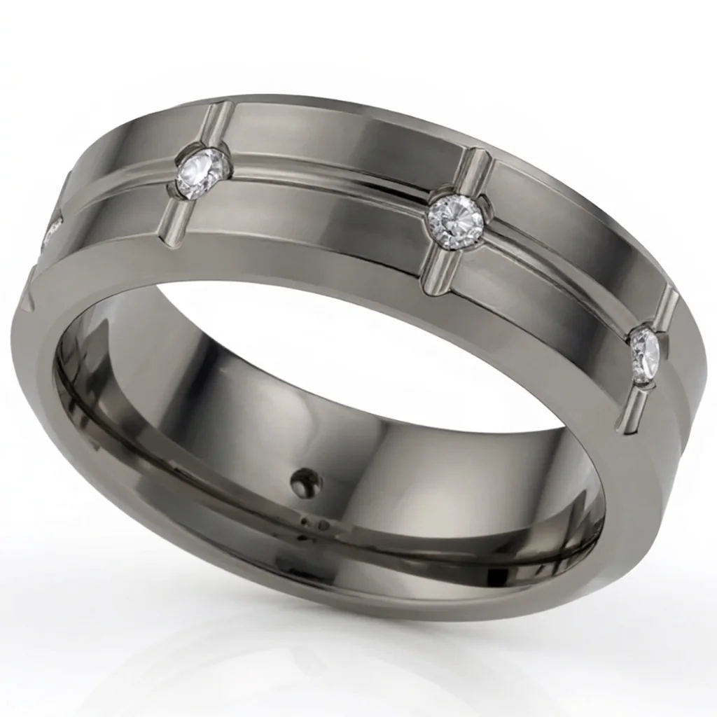 Eight diamonds, titanium, Eight diamonds set into a segmented titanium band with chamfered edges.