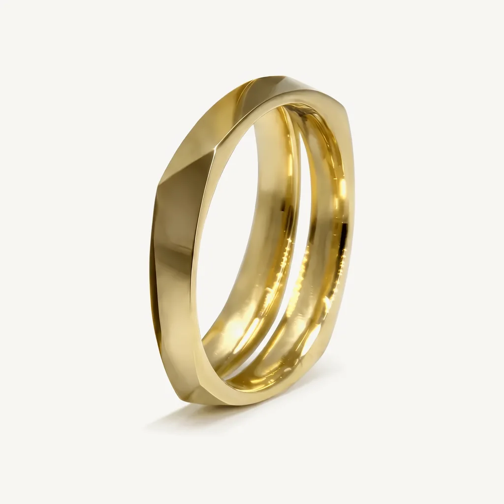 Faceted vega, hers, Broad flat facets that turn a round band into a soft polygon. 3mm, sold alone or as a set.
