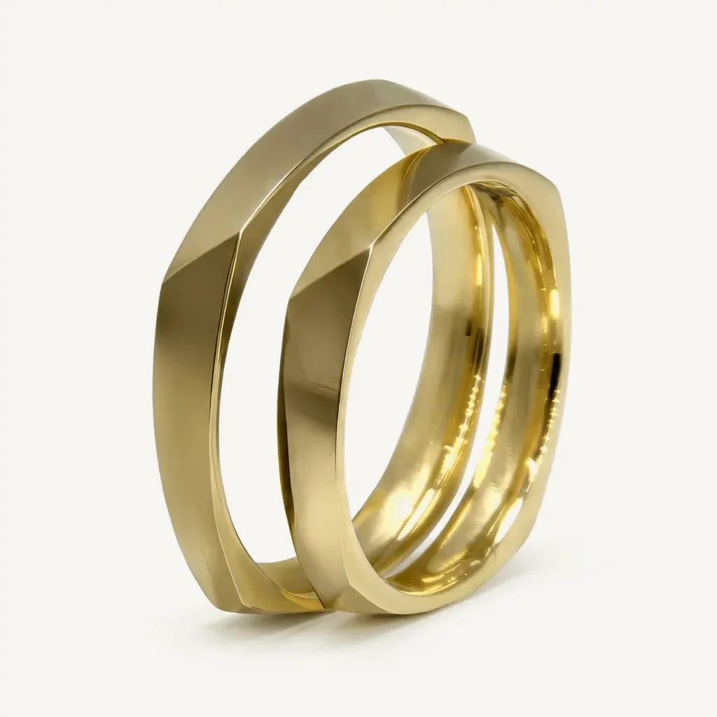 Faceted vega wedding rings, his and hers together