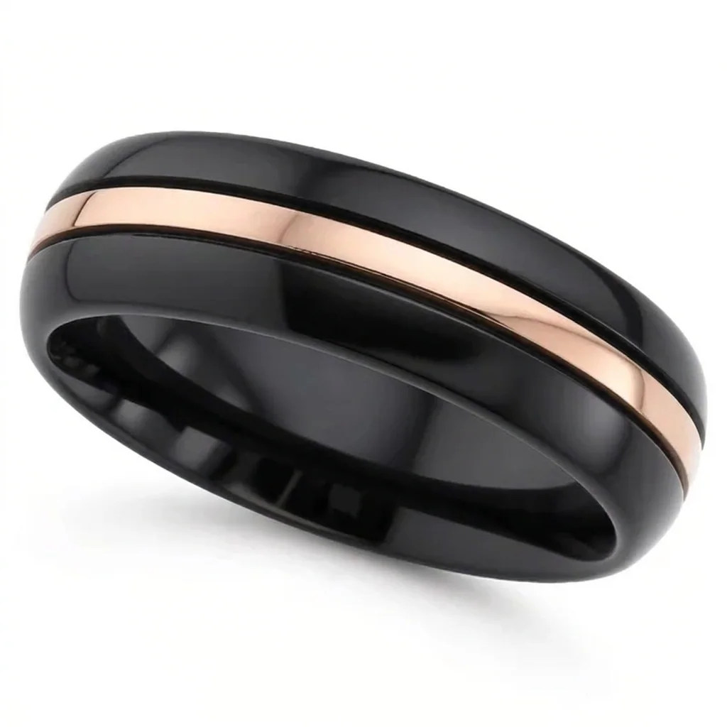 Gold line, black dome, A grooved line of 9ct gold around the centre of a domed black band.