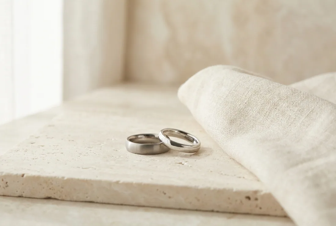 A titanium band and a platinum band side by side on pale stone