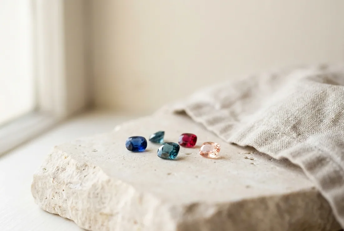 Loose coloured gemstones scattered on pale stone