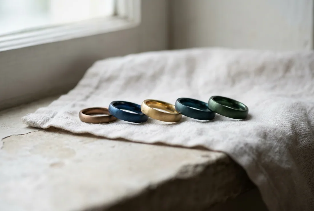 Coloured wedding bands arranged on pale linen