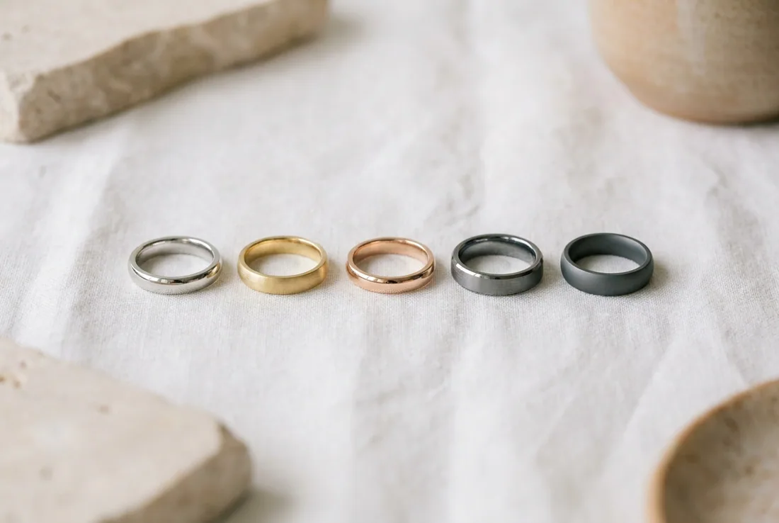 Five plain wedding bands in different metals laid in a row on pale linen