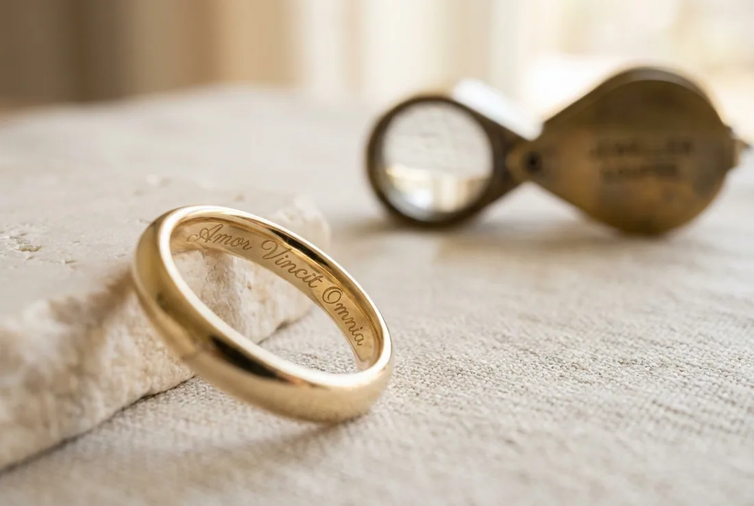 Macro of fine script engraving inside a polished gold band