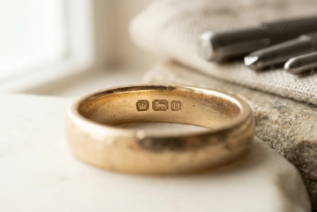 Macro of a struck hallmark inside a gold wedding band