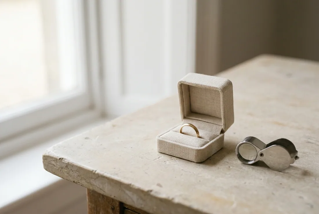 A wedding ring in an open linen ring box beside a jeweller's loupe