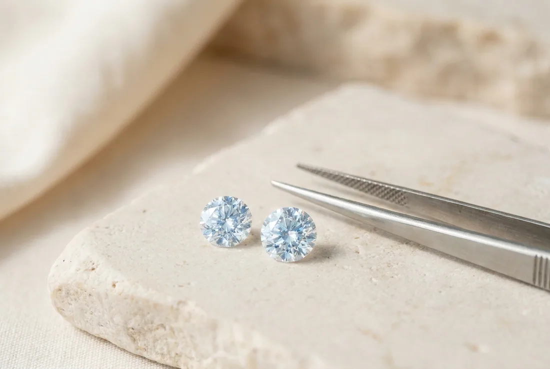 Two loose round brilliant diamonds side by side with jeweller's tweezers
