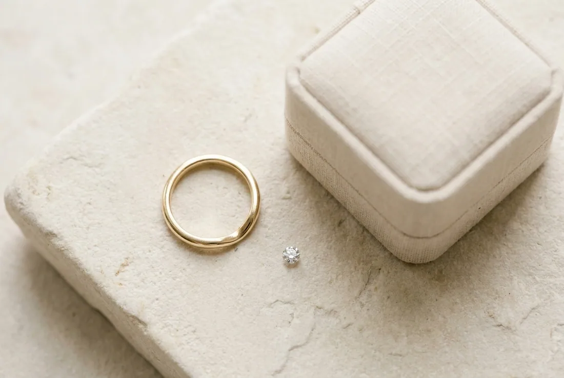 A damaged gold wedding ring and a loose small stone beside a linen ring box