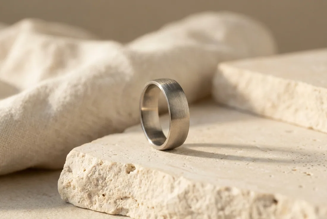 A broad brushed titanium wedding band standing upright on pale stone