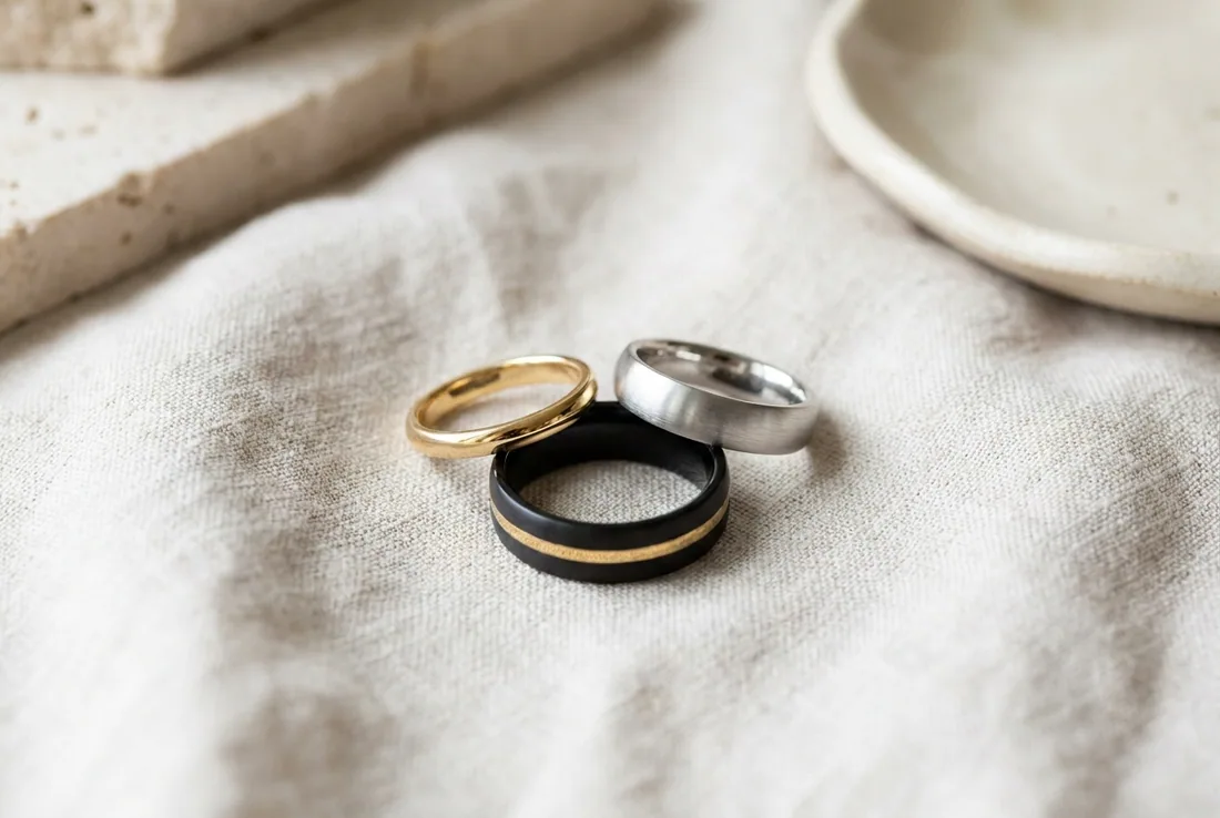 A yellow gold band, a platinum band and a black zirconium ring arranged together on pale linen
