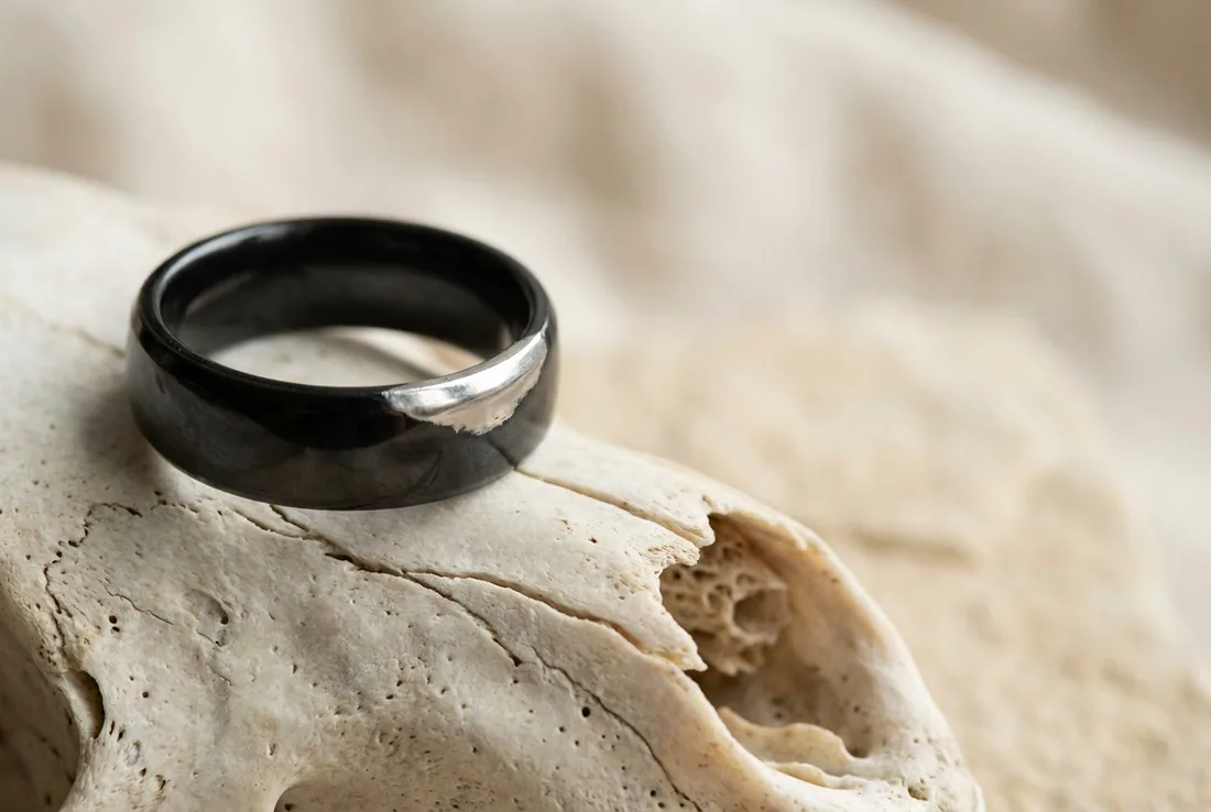 A black wedding band worn through at one edge to bright metal beneath