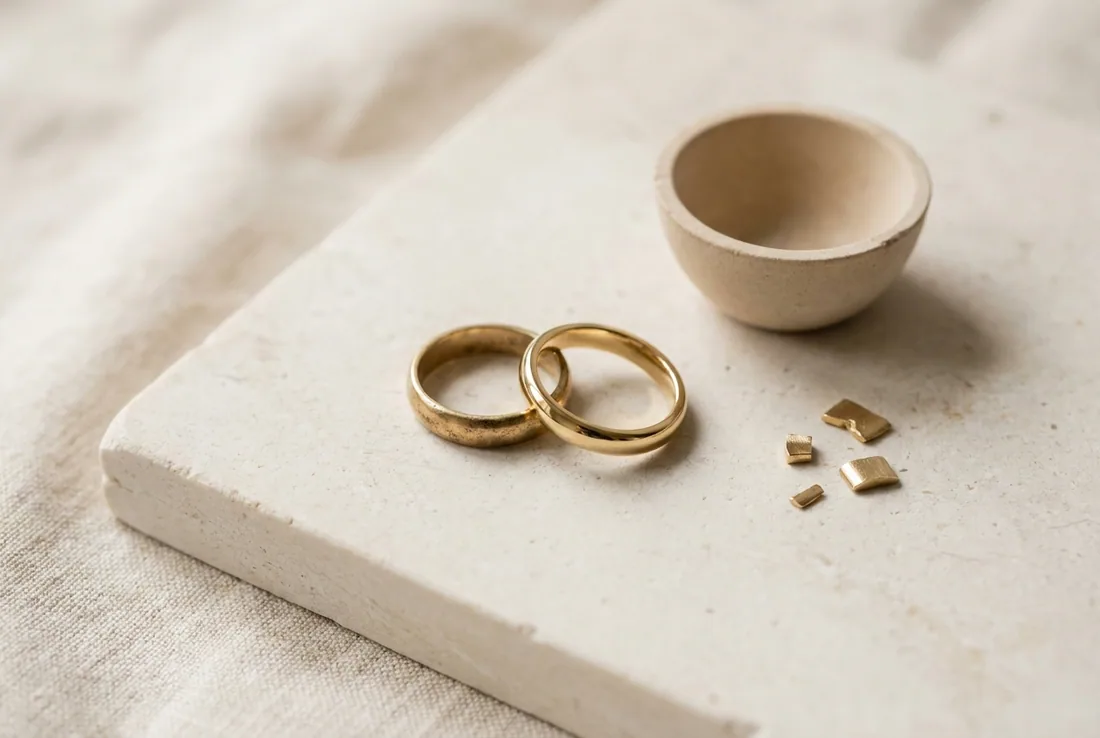 A worn gold ring and a newly polished gold band beside clean jeweller's offcuts on pale stone