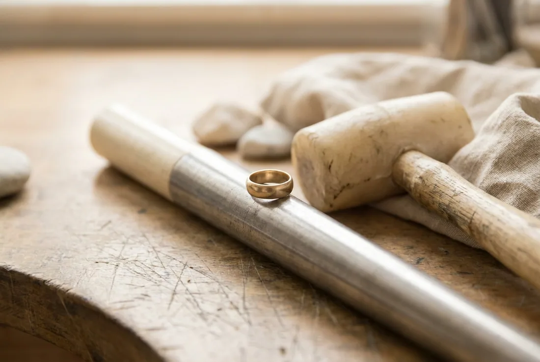 A wedding ring seated on a tapered steel jeweller's mandrel