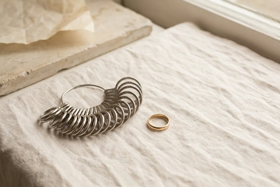 A fanned set of steel ring sizing gauges beside a single gold band