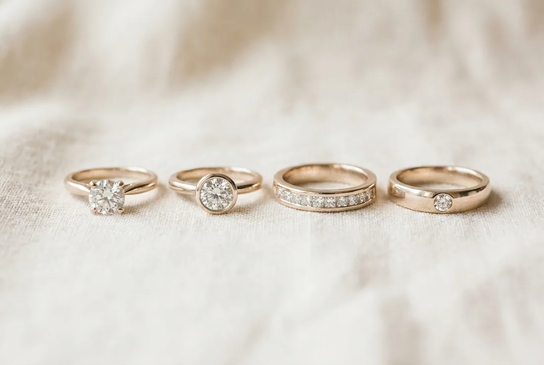 Four engagement rings showing claw, bezel, channel and flush settings