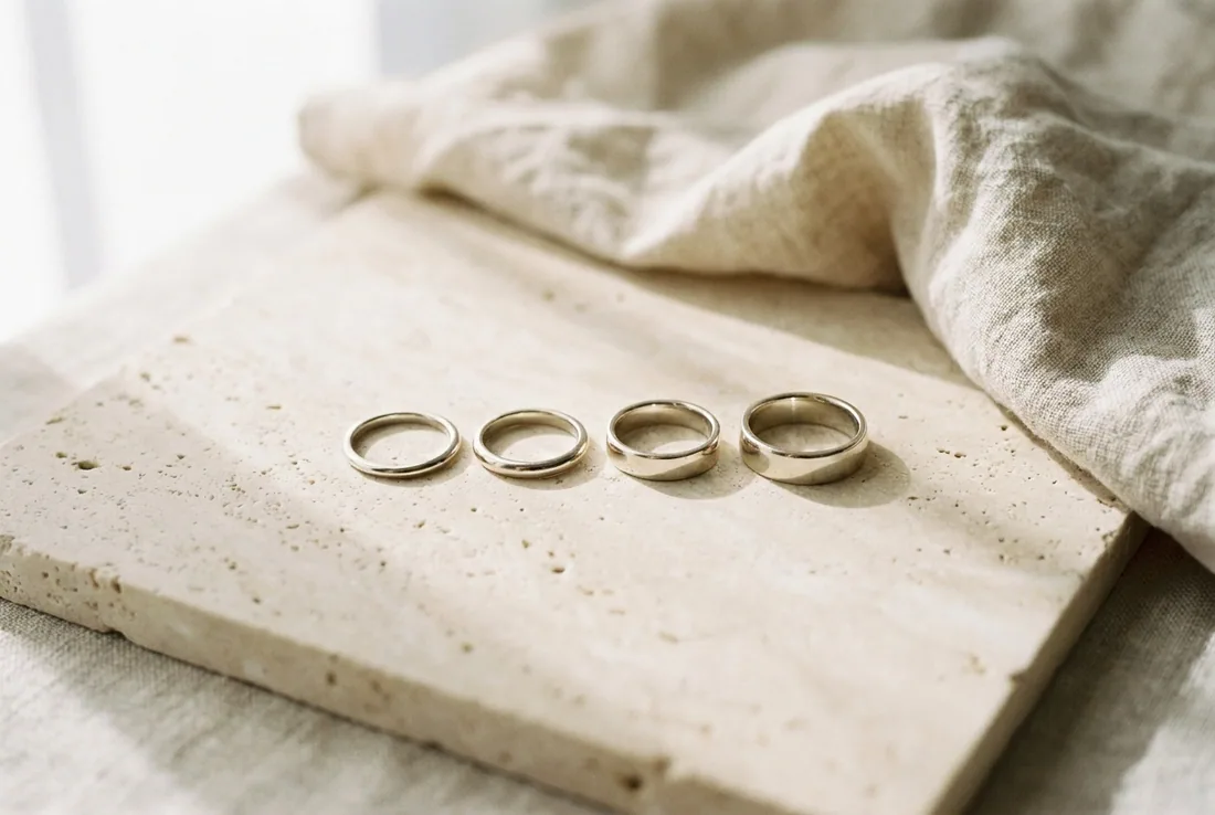 Four plain wedding bands of increasing width arranged in order