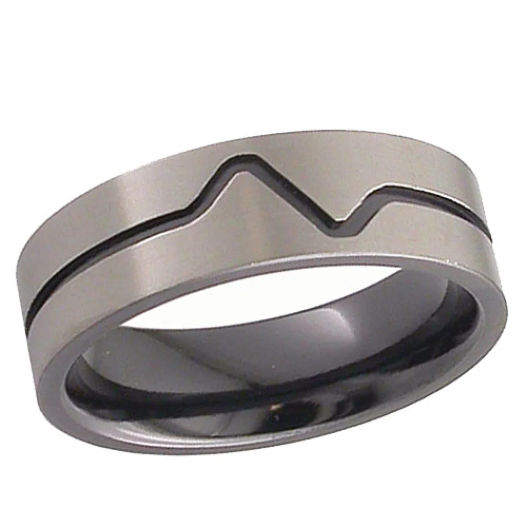 Heartbeat, relieved black, A heartbeat line milled around a relieved black zirconium band.