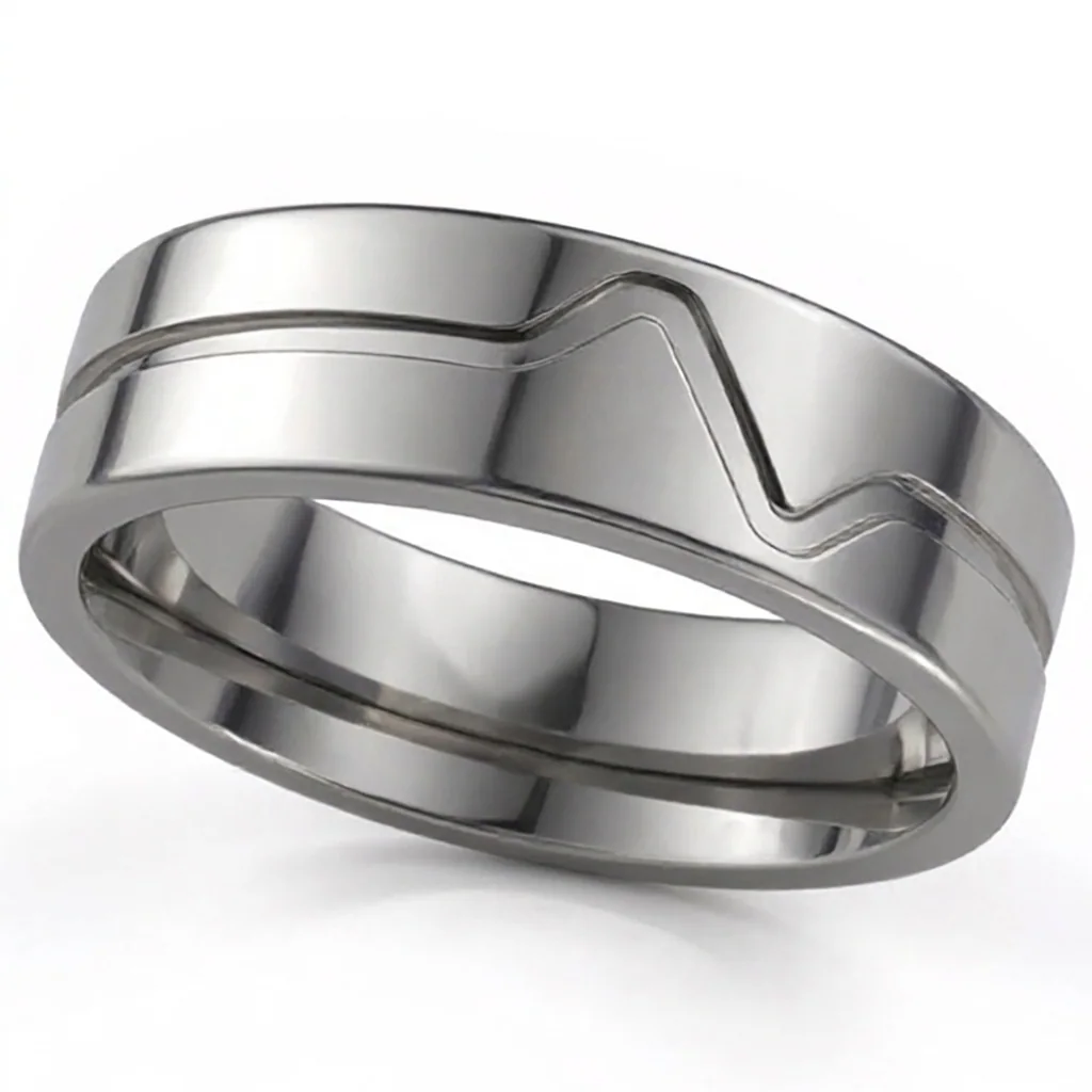 Heartbeat, titanium, A single heartbeat line around a flat titanium band.