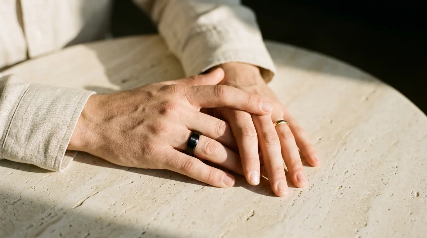 Two hands with interlaced fingers, one wearing a wide black band with a bright bevelled edge and one a slim gold band