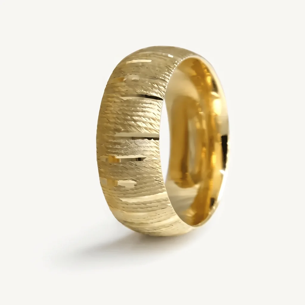Horizontal textured, hers, Deep textured cuts across a wide 7mm band, polished between. 7mm, sold alone or as a set.