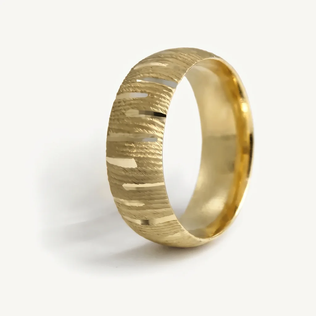 Horizontal textured, his, Deep textured cuts across a wide 7mm band, polished between. 7mm, sold alone or as a set.