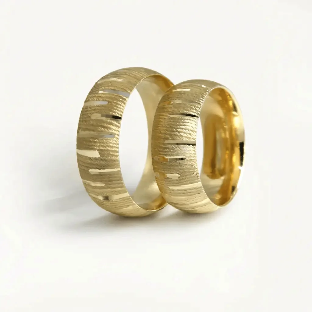 Horizontal textured wedding rings, his and hers together