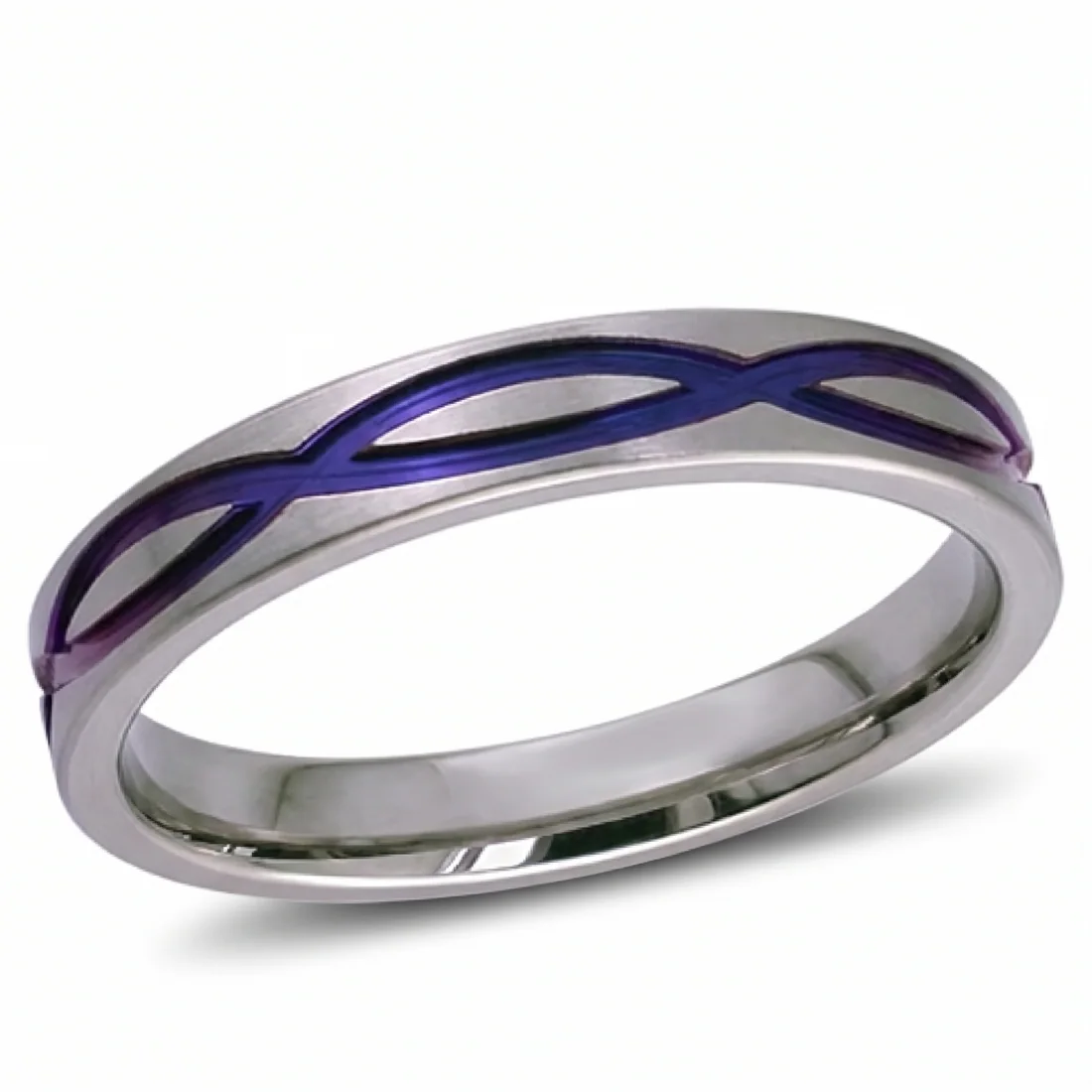 Infinity, anodised, Looping infinity lines in colour around a bright band.