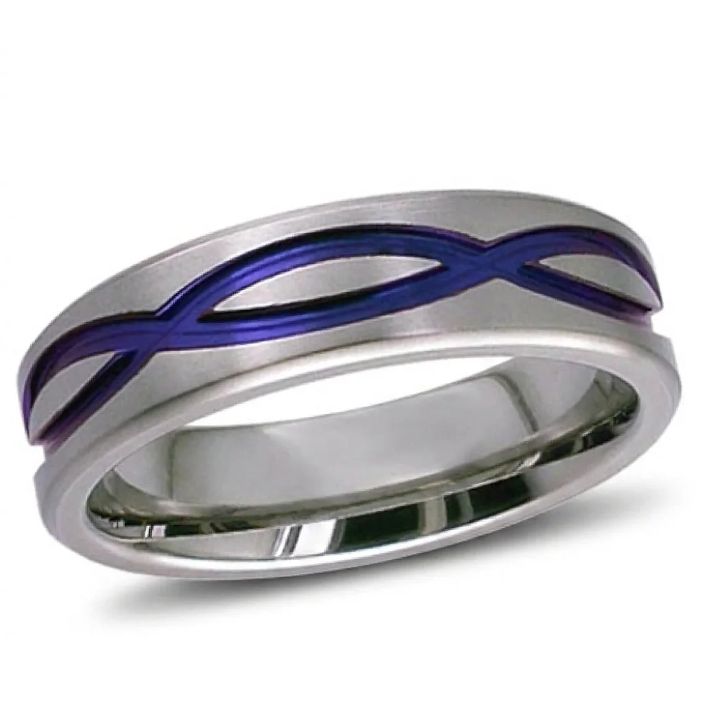 Infinity, anodised, Looping infinity lines in colour around a bright band.