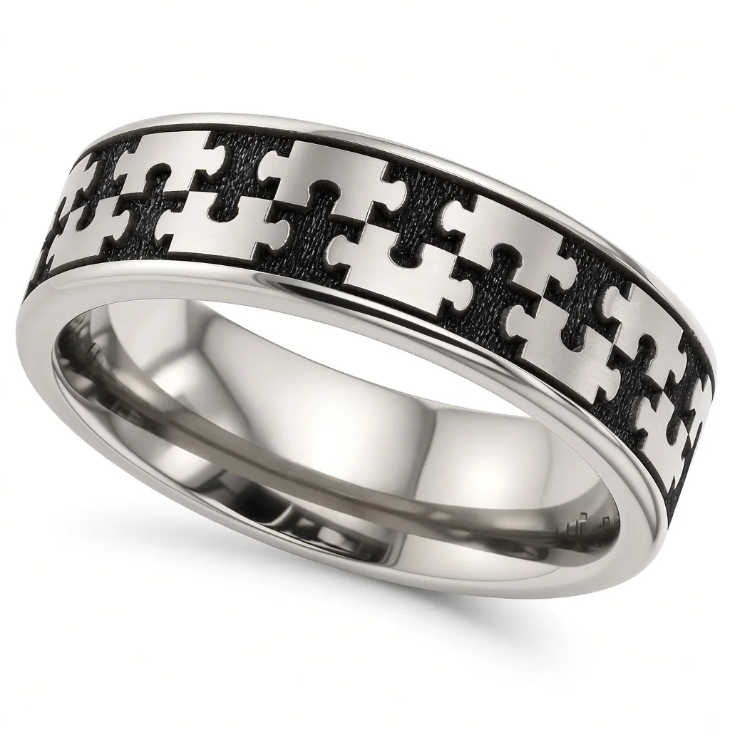 Jigsaw, titanium, Jigsaw pieces engraved all the way around a titanium band.