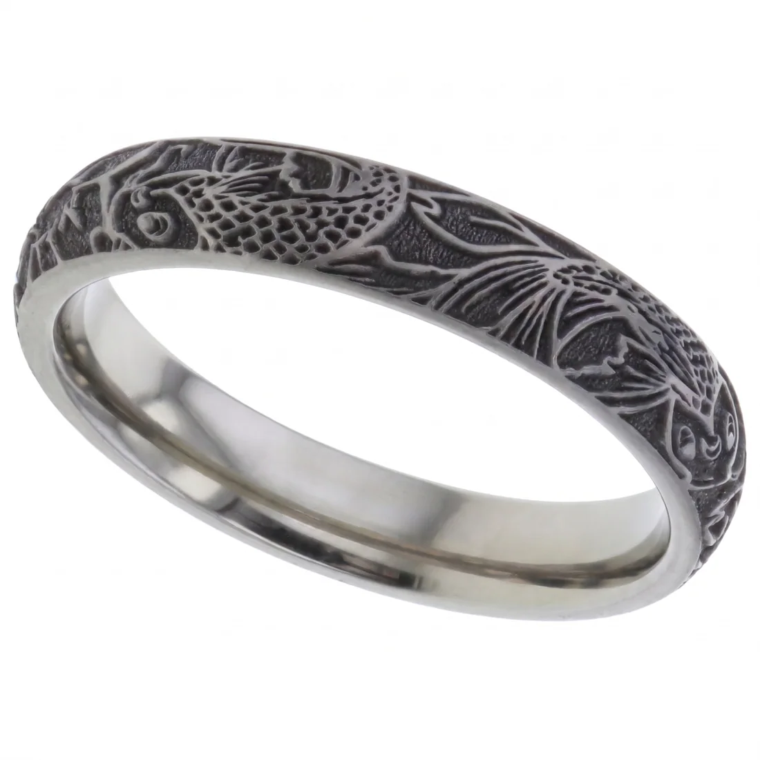 Koi, titanium, Koi carp swimming around the band, cut into titanium.