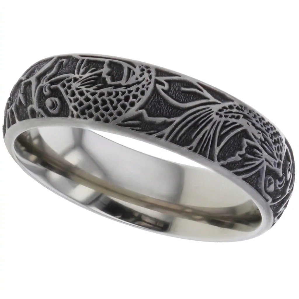 Koi, titanium, Koi carp swimming around the band, cut into titanium.
