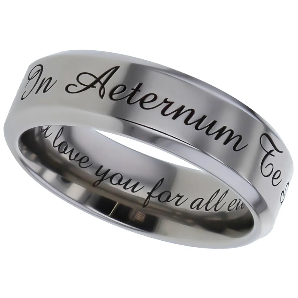 Latin phrase, titanium, A Latin phrase engraved outside, with its English meaning inside.