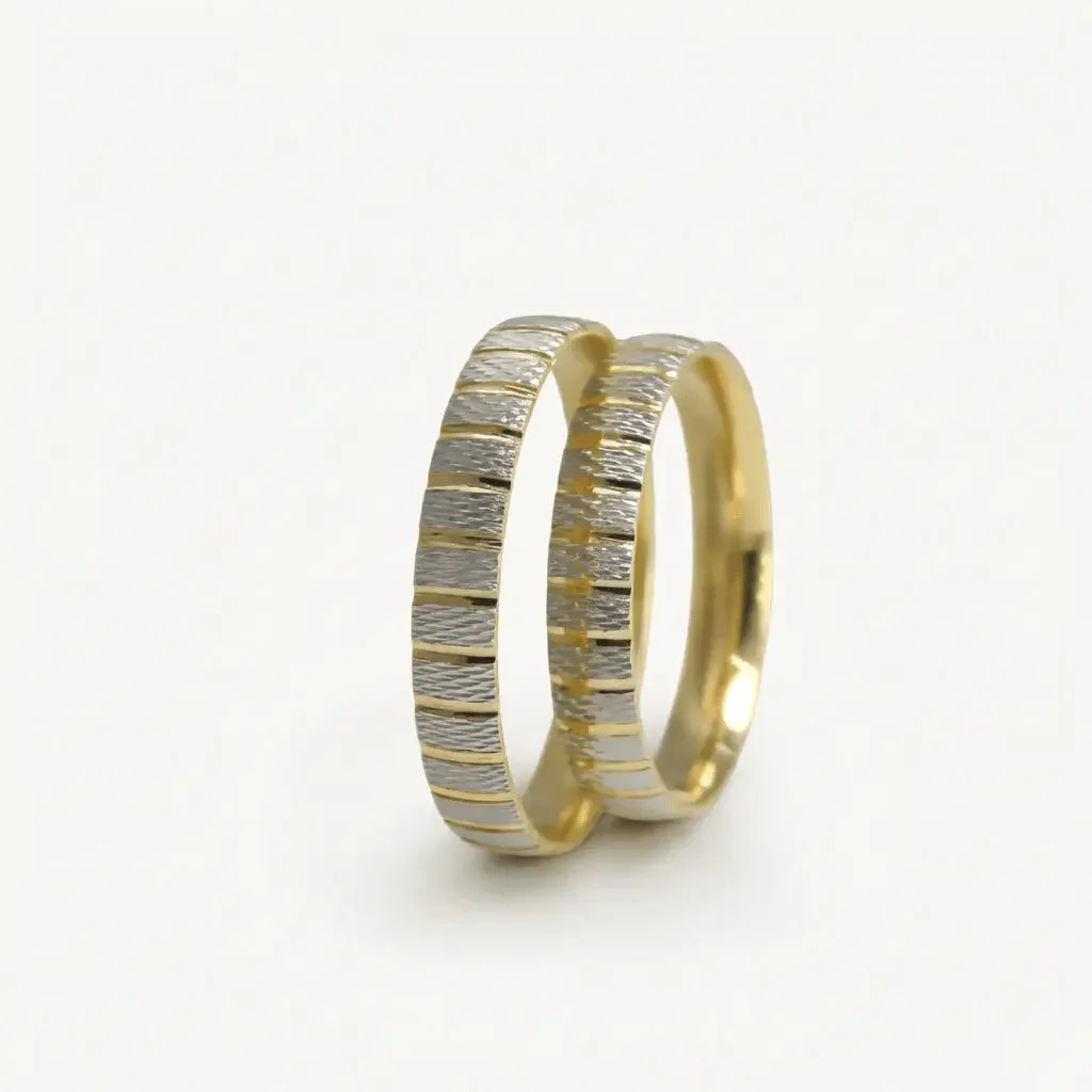 Linear contrast wedding rings, his and hers together