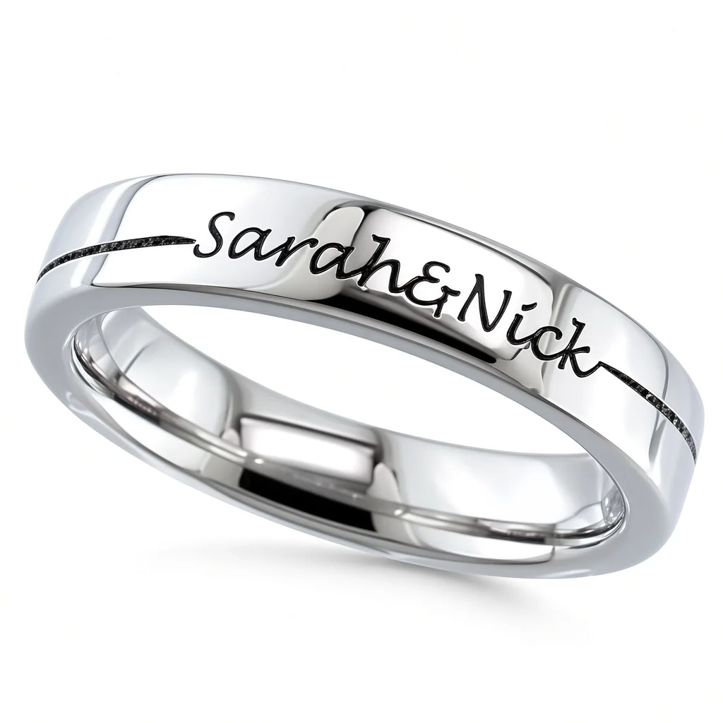 A polished titanium band engraved with two names joined by a single line
