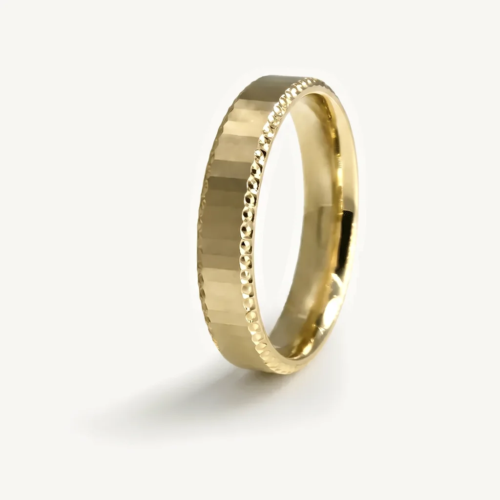 Minimal edge, hers, Flat vertical facets on both, and a fine beaded edge on hers. 4mm, sold alone or as a set.