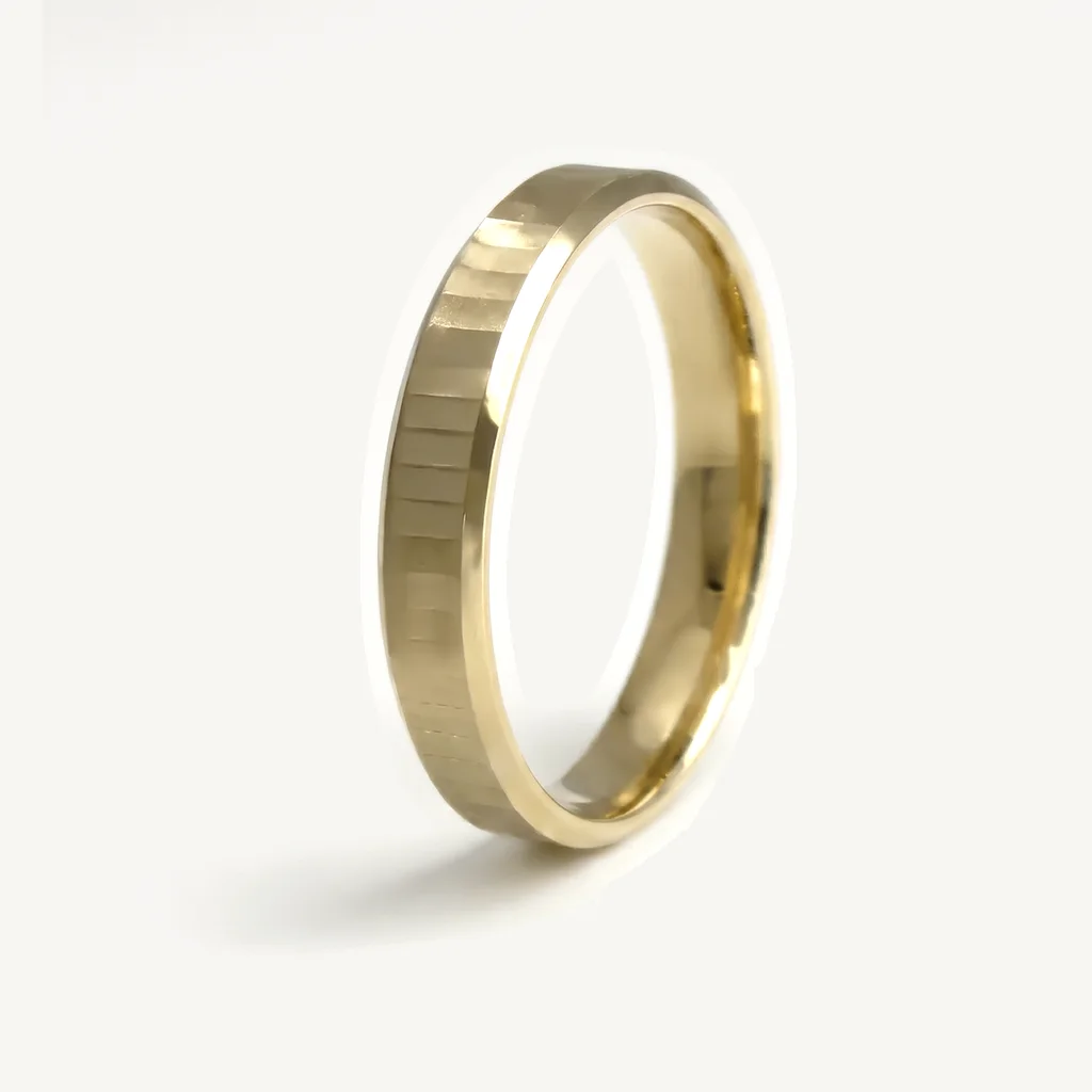 Minimal edge, his, Flat vertical facets on both, and a fine beaded edge on hers. 4mm, sold alone or as a set.