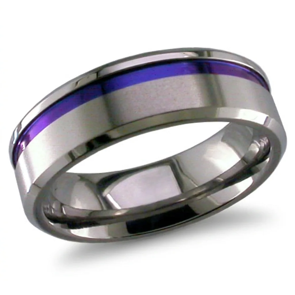 Offset colour groove, A natural zirconium band with an off-centre anodised blue groove.